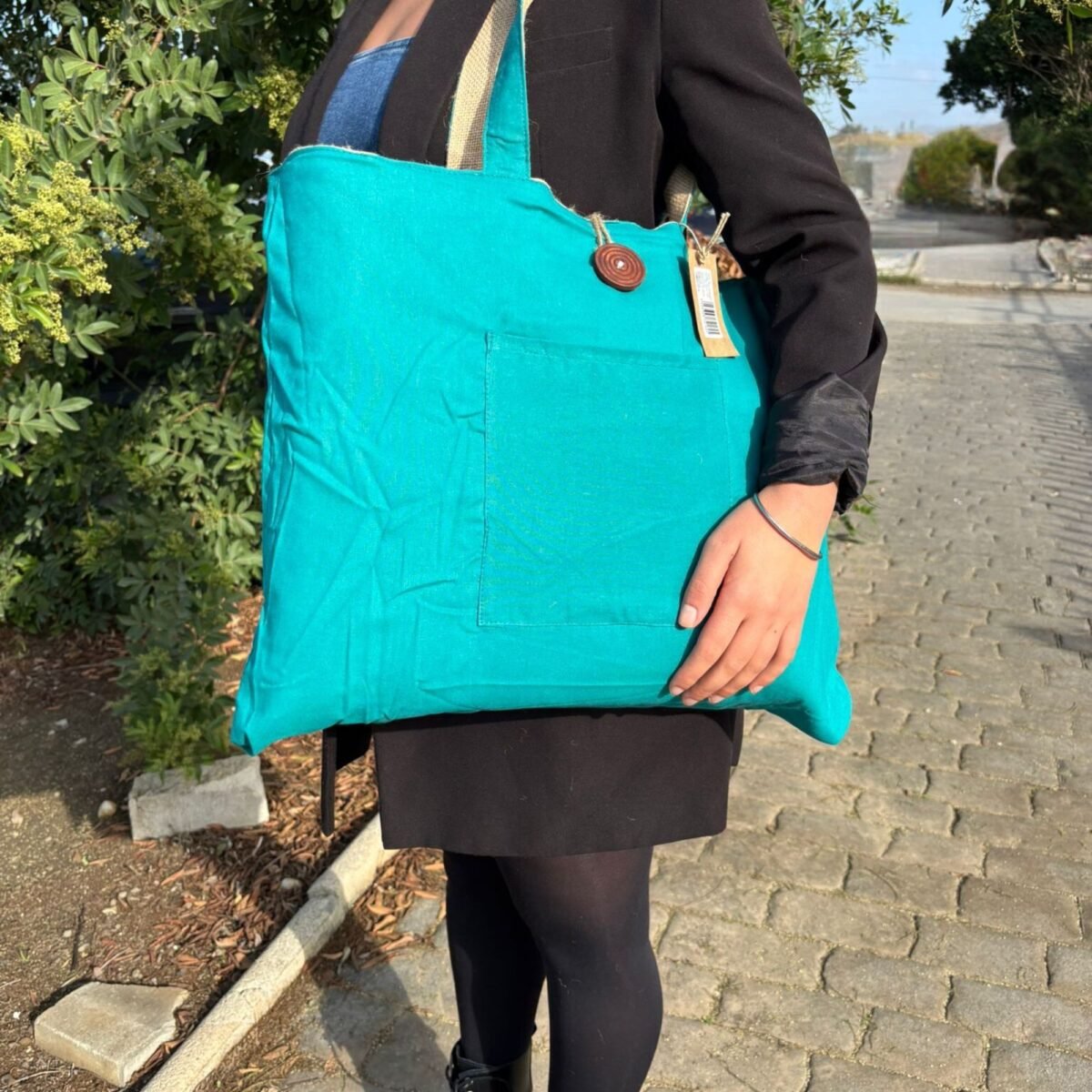 Jute & Cotton Reversible Big Bag - Teal - Image 5