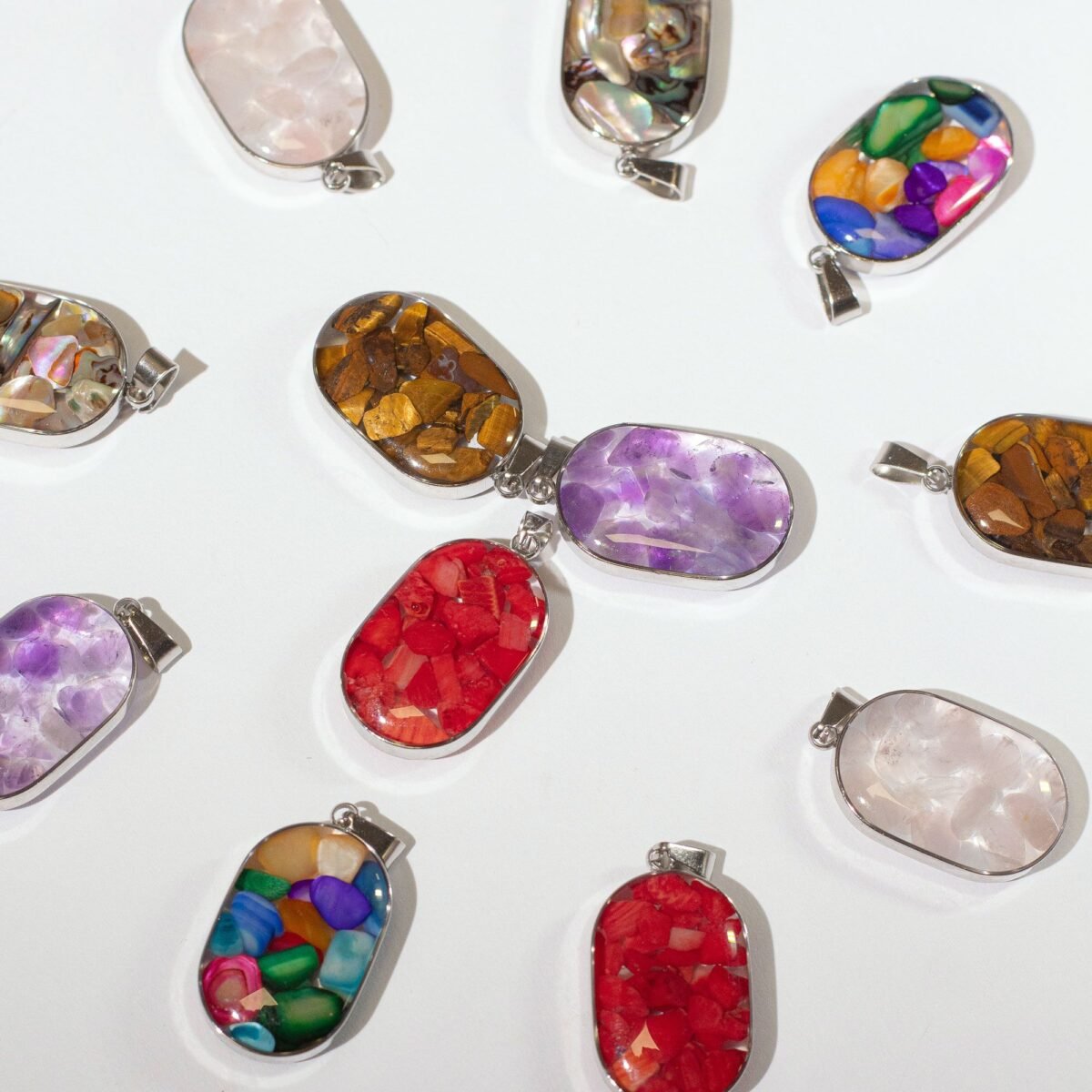 Steel Cased Pendant Ovals - 12 Assorted Gemstone Chips & Shells - Image 2
