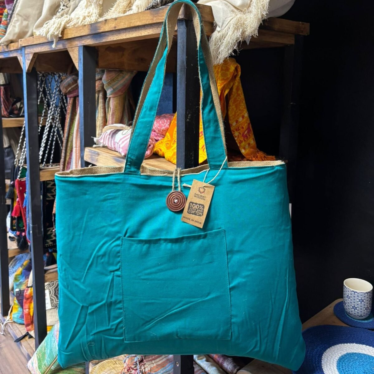 Jute & Cotton Reversible Big Bag - Teal - Image 3