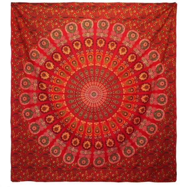 Double Cotton Bedspread + Wall Hanging - Peacock Mandala - Red