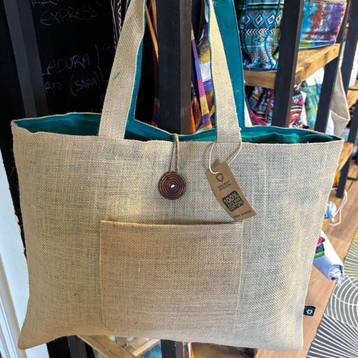 Jute & Cotton Reversible Big Bag - Teal - Image 4