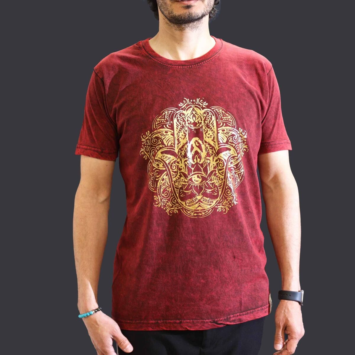 Medium Stone Washed T-Shirt - Hamsa - Maroon - Image 3