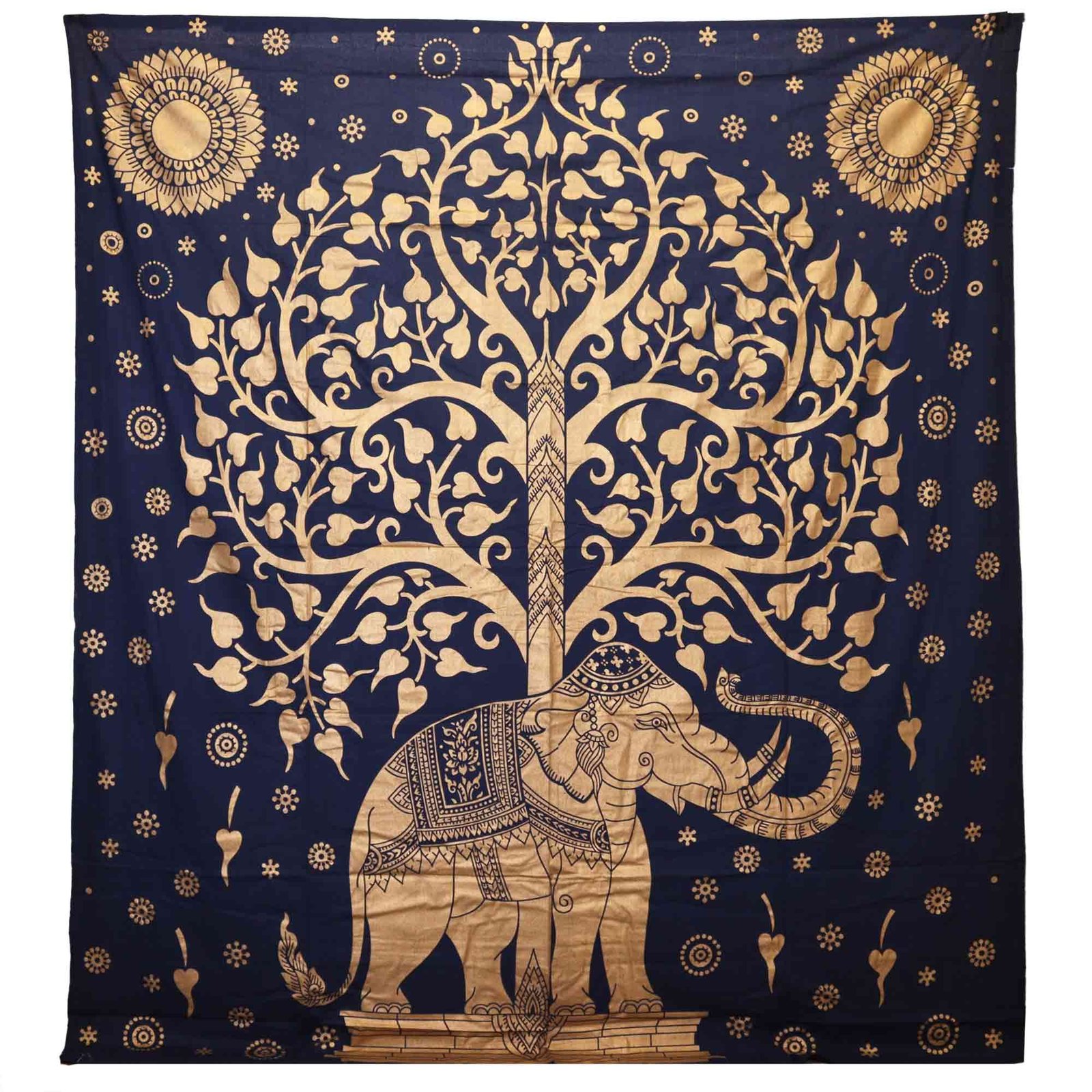 bG9jYWw6Ly9tZWRpYS9ISC9DQy82MFIzMEMxRzZXVDNDQ0hILzZlMGNhODkxLmpwZWc-2.jpg Double Cotton Bedspread + Wall Hanging - Elephant & Tree - Blue Gold - Image 1