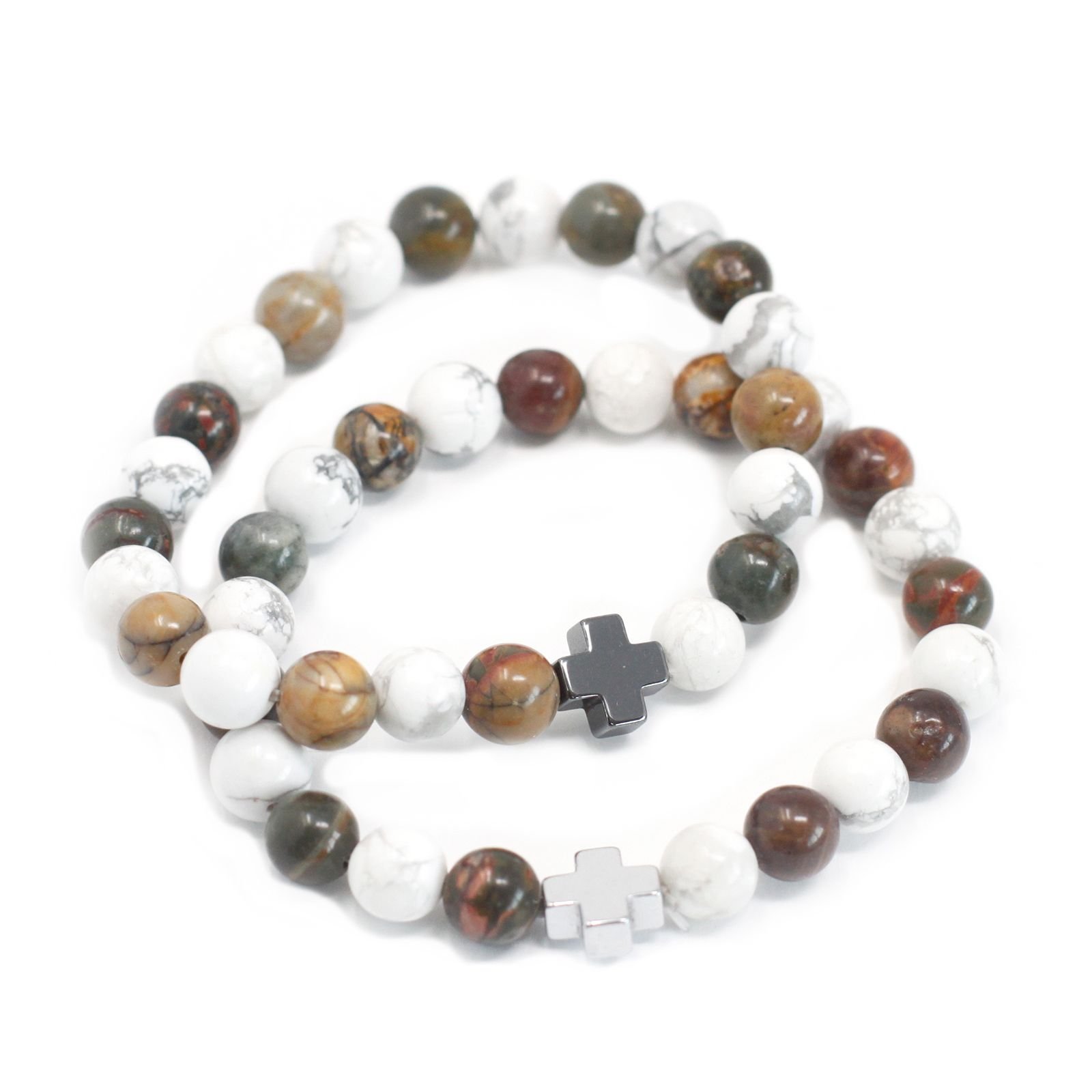 bG9jYWw6Ly9tZWRpYS9TTS9HRC82MFIzMEMxRzZNVktHRFNNLzQ4ODNkYmZmLmpwZWc-2.jpg Set of 2 Gemstones Friendship Bracelets - Peace - Picasso Jasper & White Howlite - Image 1