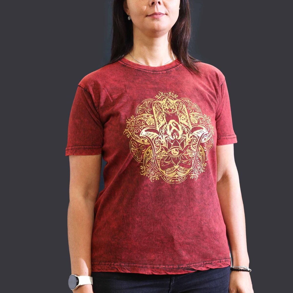 Medium Stone Washed T-Shirt - Hamsa - Maroon - Image 1
